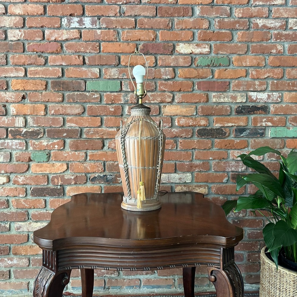 Vintage Bamboo Rattan Tiki Table Lamp Base | Woven Wood | Tassels